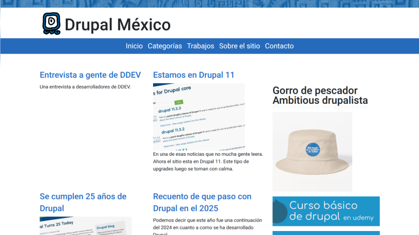 Drupal México homepage featuring articles and a course advertisement.