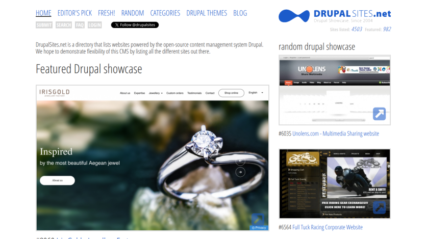 Featured Drupal showcase with an image of a ring and a brief description.