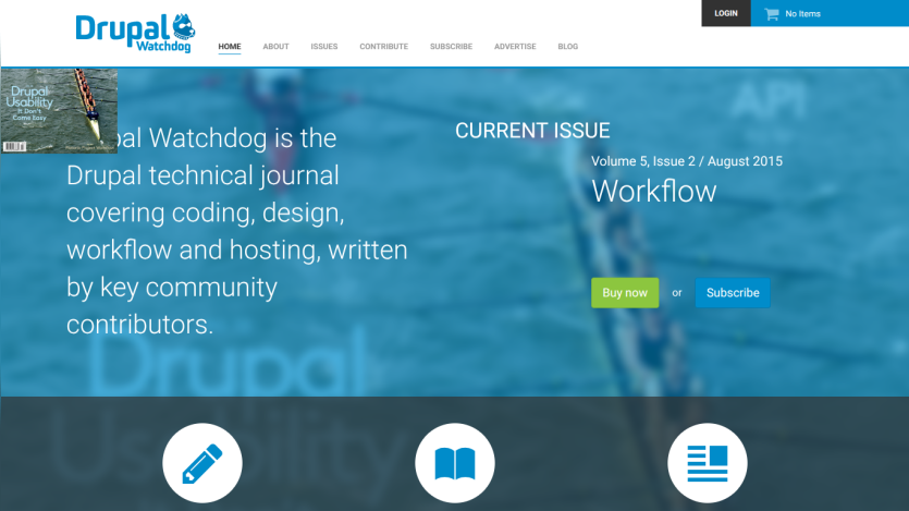 Current issue of Drupal Watchdog featuring 'Workflow' with subscription options.