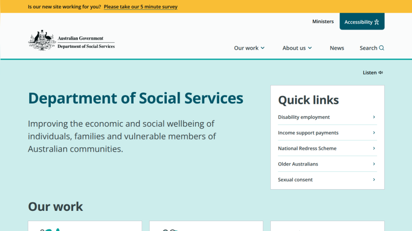 Department of Social Services homepage with links to services and information.