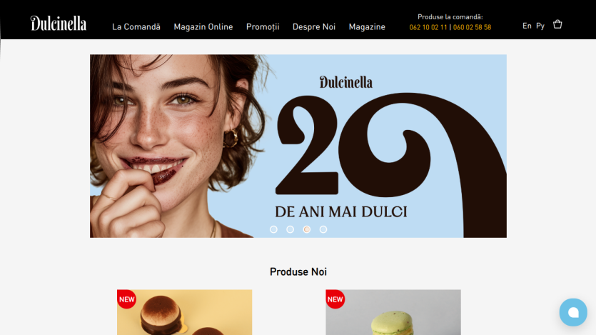 Dulcinella website with a smiling woman and text celebrating 20 years, plus new product images below