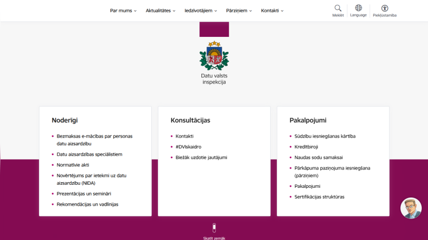 Data State Inspectorate website with navigation menu and sections on useful info, consultations, and services