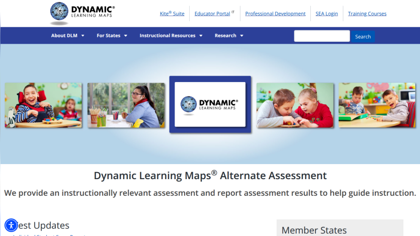 Dynamic Learning Maps Alternate Assessment homepage with key information and images of children learning.