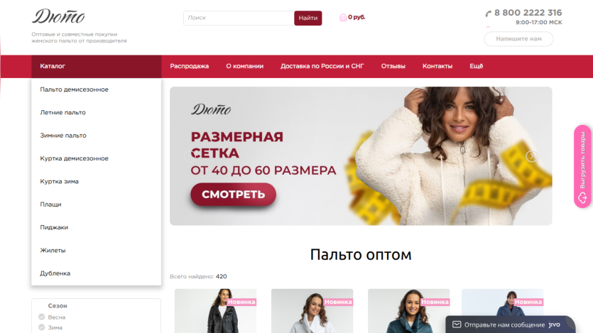 Online clothing store homepage featuring a model and size guide promotion.