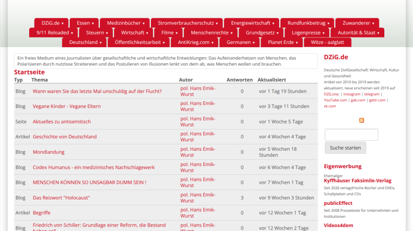 List of articles with titles, authors, and timestamps on a website.
