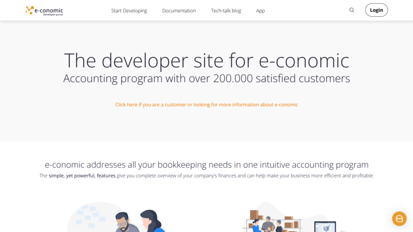 Developer site for e-conomic, showcasing accounting program benefits and customer satisfaction.