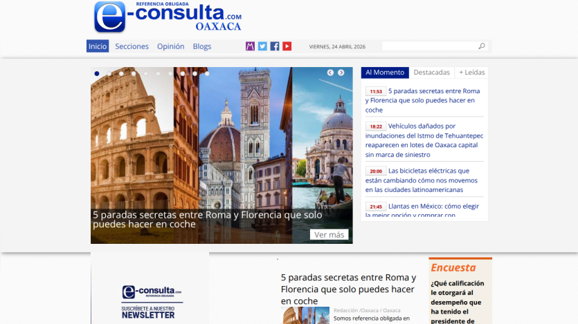 Homepage of e-consulta with articles and images of landmarks.