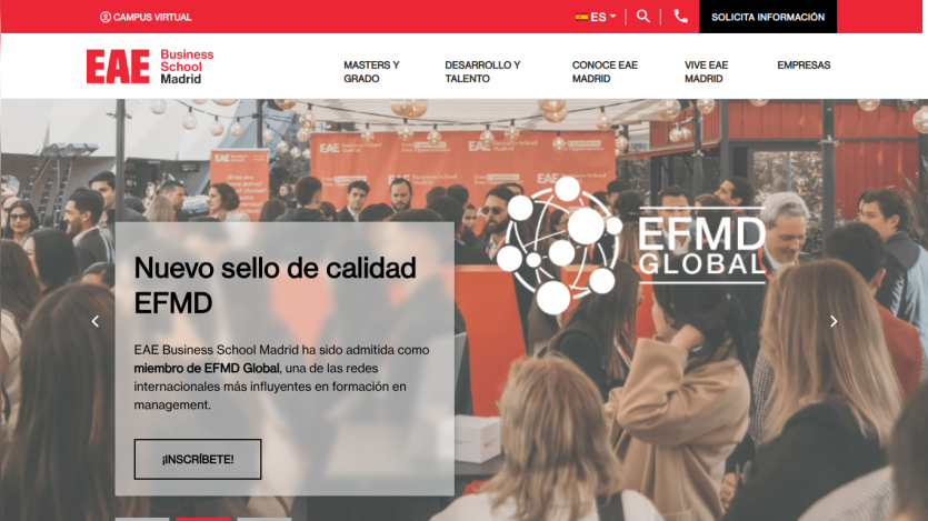 EAE Business School Madrid homepage with announcement of new EFMD quality seal and call to enroll