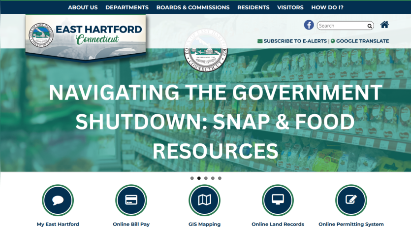 East Hartford Connecticut website with navigation links and a hero banner about SNAP and food resources during government shutdown