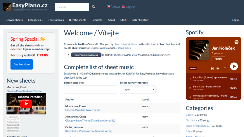 Homepage of EasyPiano.cz featuring sheet music listings and a Spotify player.