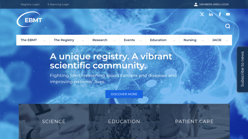 EBMT homepage with navigation menu and hero text about a unique registry and scientific community fighting blood cancers.