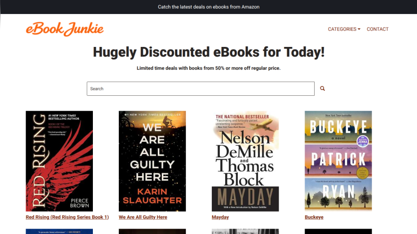 Homepage featuring discounted eBooks with a search bar and book covers displayed.