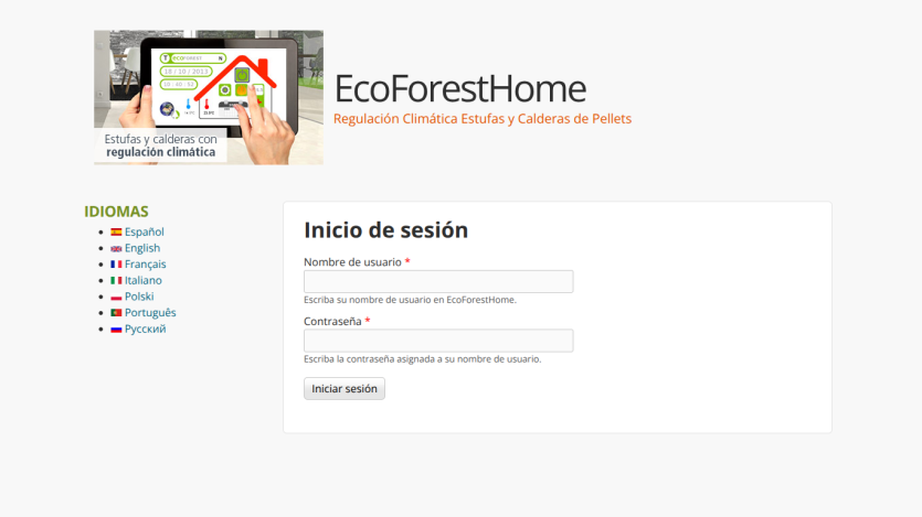 EcoForestHome login page with climate regulation pellet stove branding and language options