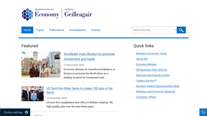 Department for the Economy homepage with news on investment promotion and job creation, plus quick links to economic resources