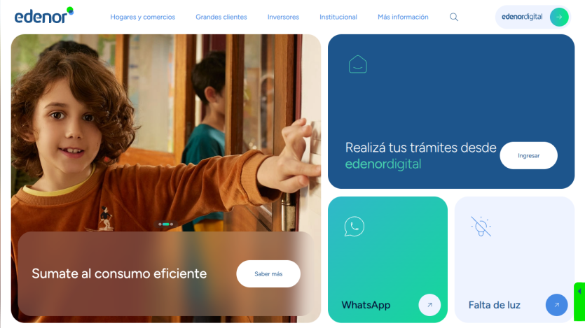 Edenor homepage with navigation, a child pointing, and options to manage services digitally and contact via WhatsApp.