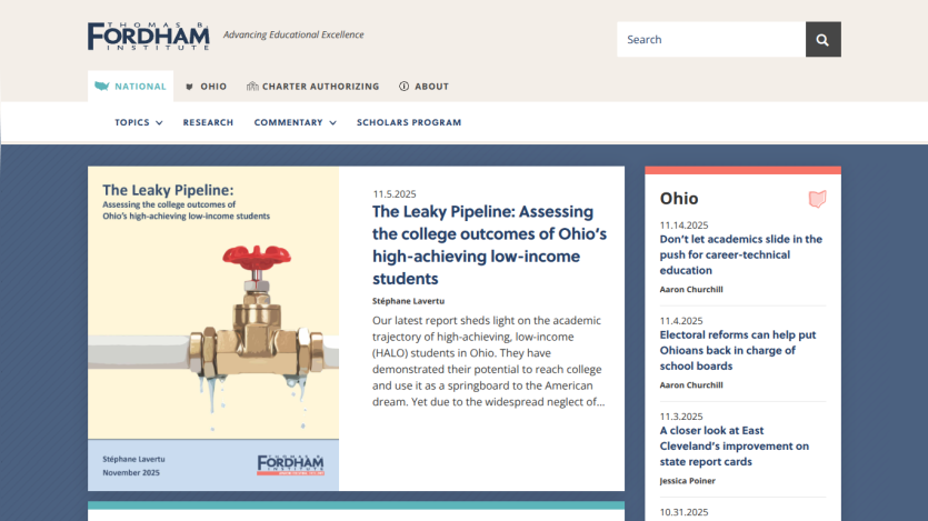 Thomas B. Fordham Institute homepage featuring report on Ohio's high-achieving low-income students and recent Ohio education articles