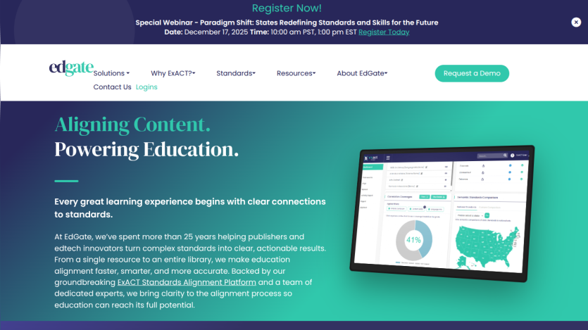 EdGate homepage with navigation, webinar banner, and hero section about aligning content and powering education with standards