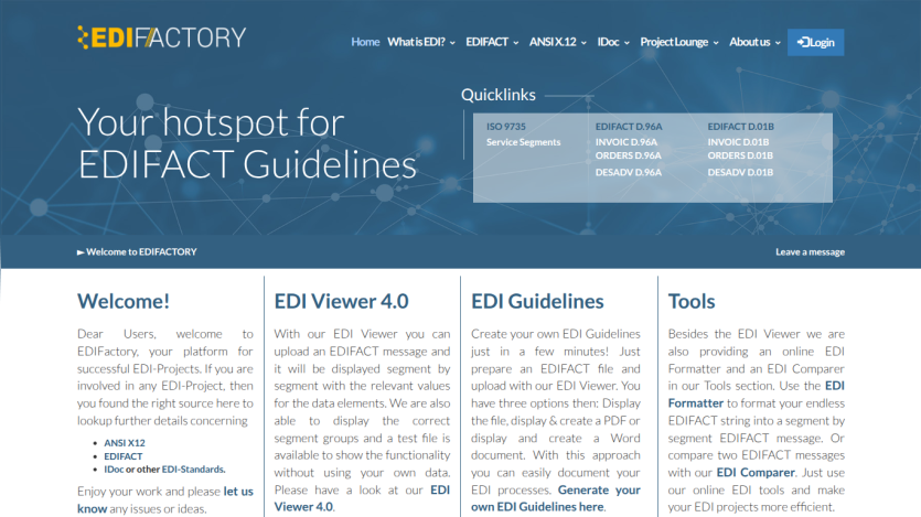 Homepage of EDIFACTORY with guidelines and tools for EDI Viewer 4.0.