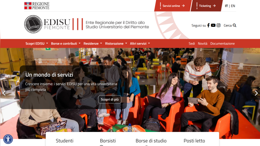 Homepage of EDISU Piemonte featuring students in a study area and service options.