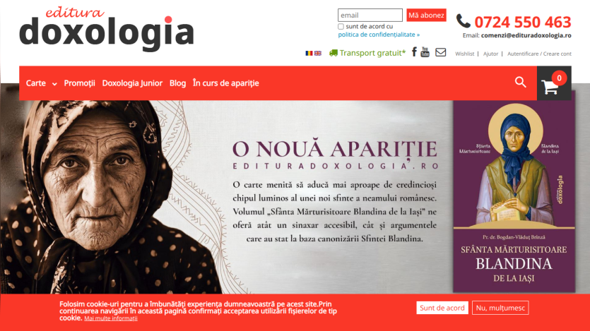 Homepage of Doxologia featuring a new publication announcement and an image of a woman.