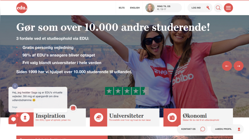 Homepage promoting education services with two smiling students and key navigation options.