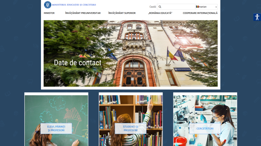 Website homepage featuring contact information and images of students and educational resources.