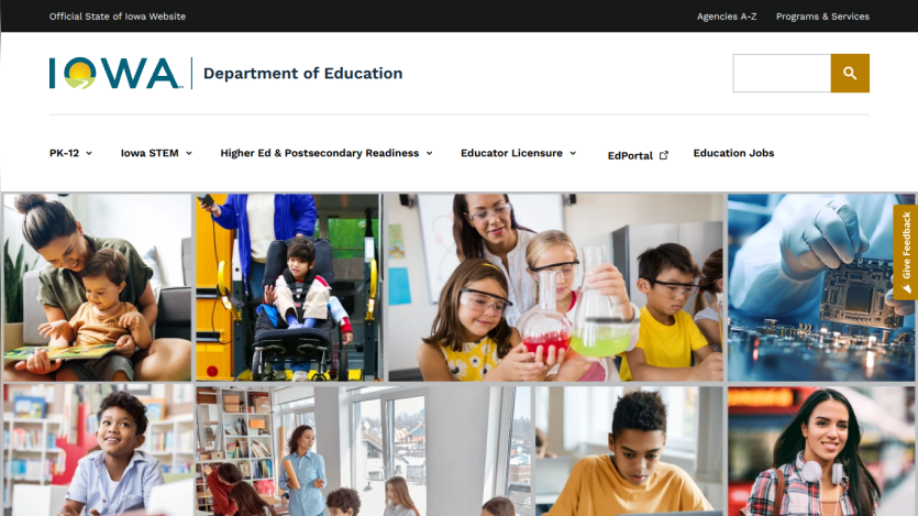 Iowa Department of Education website header with navigation and diverse educational images including children learning and technology