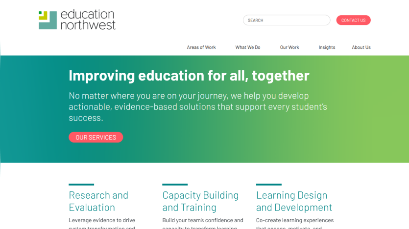 Education Northwest homepage with navigation, search, contact button, and hero text about improving education with actionable solutions