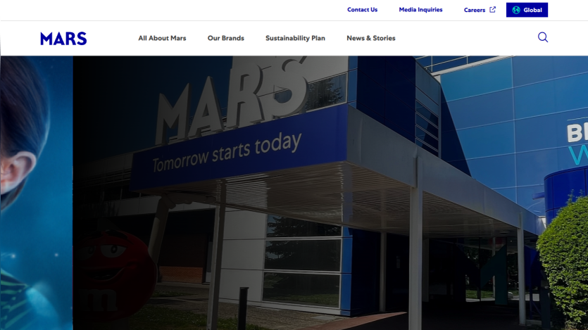 Mars company website with navigation links and a hero image showing Mars building and slogan 'Tomorrow starts today'