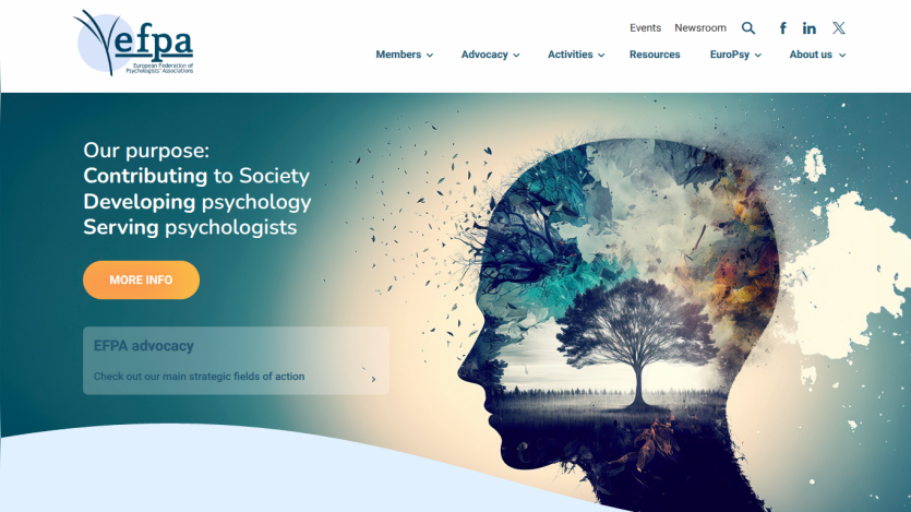 European Federation of Psychologists' Associations homepage with purpose statement and artistic human head illustration
