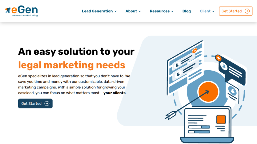 Homepage promoting legal marketing solutions with a call to action button.