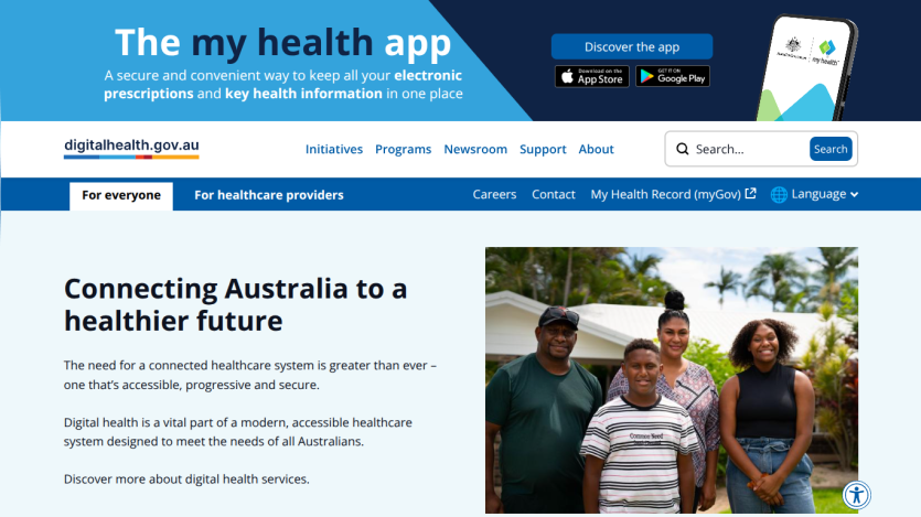 Homepage of My Health app promoting healthcare connectivity in Australia.