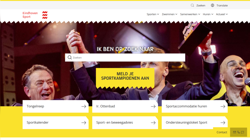 Eindhoven Sport homepage with search bar, call to action to register sports champions, and navigation links for sports and facilities