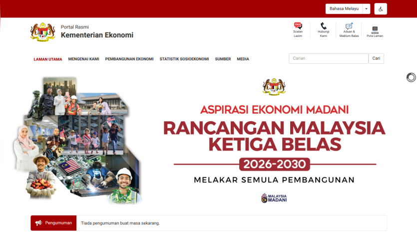 Official portal of Malaysia Ministry of Economy showing the 13th Malaysia Plan 2026-2030 with diverse people and development theme