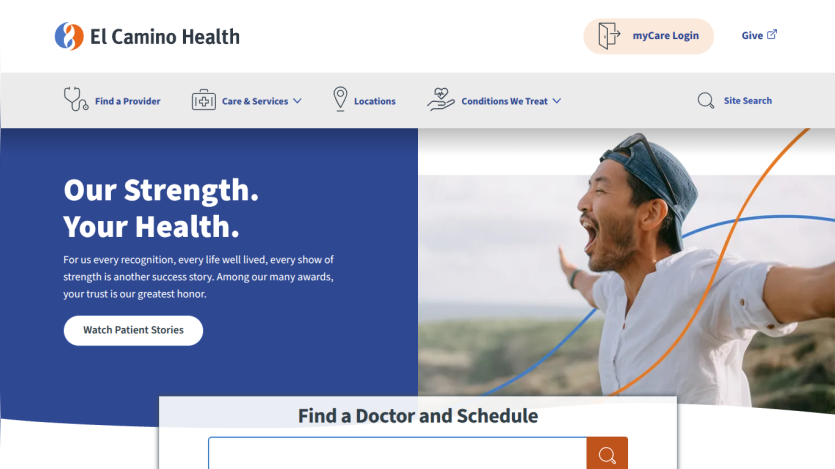 El Camino Health homepage with headline 'Our Strength. Your Health.' and a search bar to find a doctor