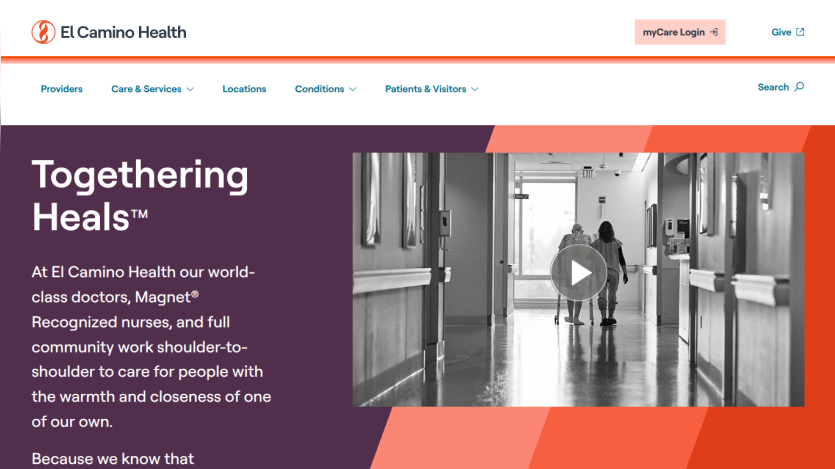 El Camino Health homepage featuring the slogan 'Togethering Heals' and a video play button.