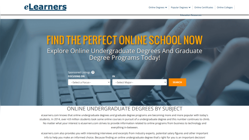 Search bar for finding online schools with options for degrees and subjects.