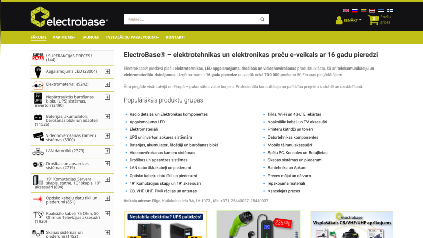 ElectroBase electronics and electrotechnics e-shop with product categories and popular product groups listed