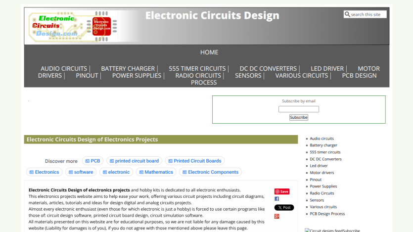 Homepage of Electronic Circuits Design featuring project categories and a search bar.