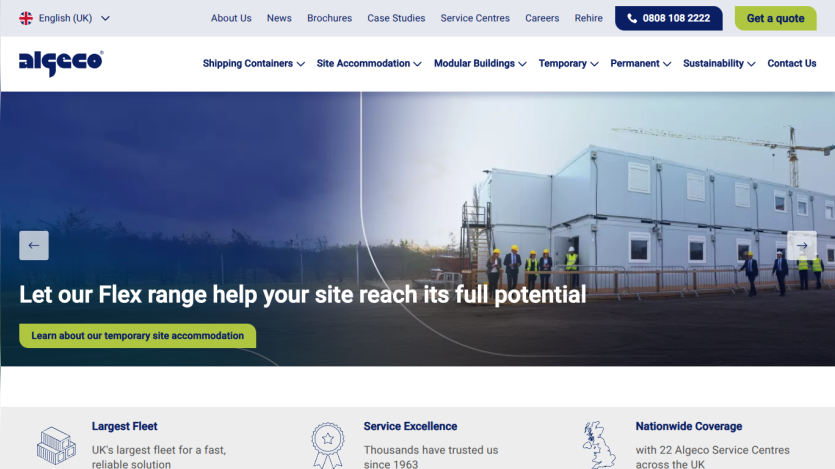 Homepage showcasing temporary site accommodation services with a call to action.