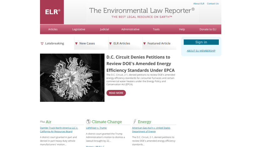 The Environmental Law Reporter homepage with navigation, featured article on DOE energy efficiency standards, and sign-in option