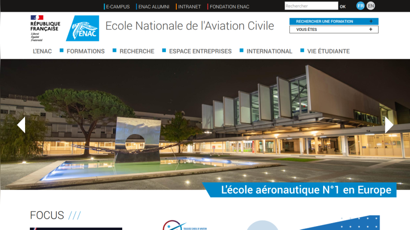 Homepage of Ecole Nationale de l'Aviation Civile featuring campus image and key text about aviation education.