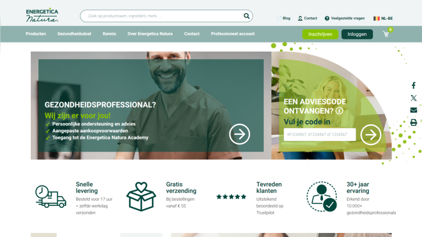 Energetica Natura homepage with navigation, search bar, health professional support info, advice code input, and service highlights