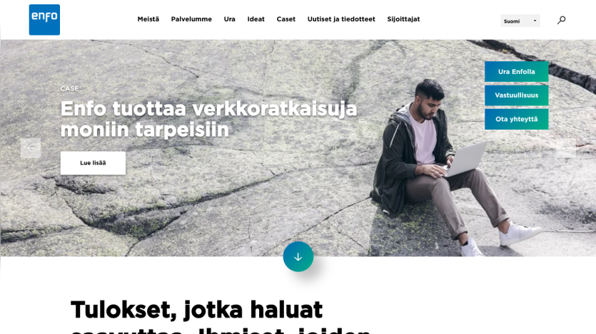 Homepage of Enfo showcasing services with a man using a laptop on a rocky surface.