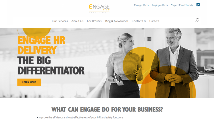 Engage PEO homepage with navigation links and a hero section promoting HR delivery as a big differentiator