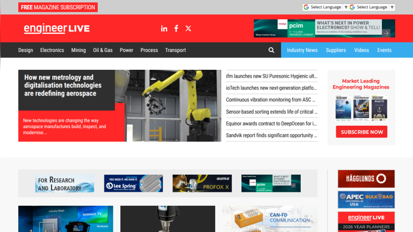 Engineer Live website with aerospace metrology article, navigation menu, and subscription prompt