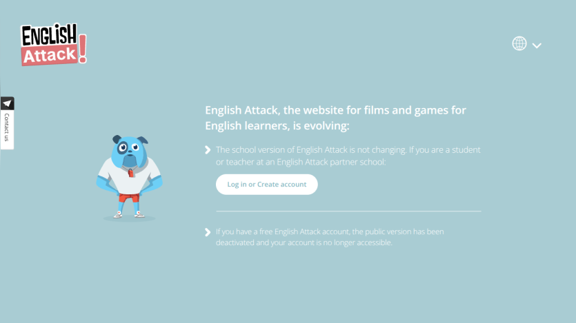 English Attack website evolving notice with login prompt for partner school students and teachers