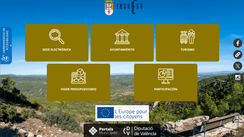 Website homepage with navigation options for electronic office, town hall, tourism, prospective residents, and participation over a scenic landscape background