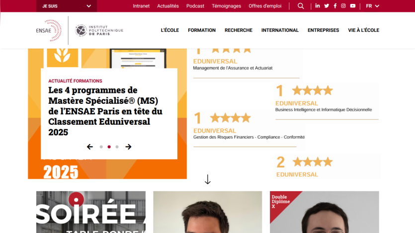 ENSAE Paris homepage highlighting top-ranked specialized master's programs in the 2025 Eduniversal ranking