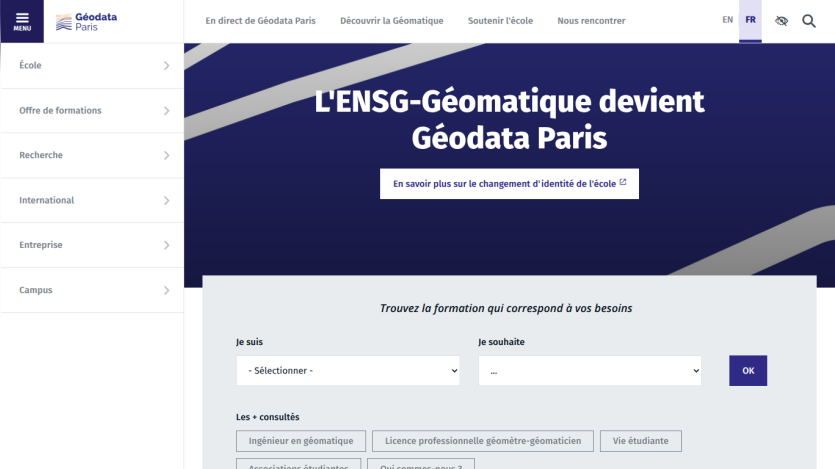 Géodata Paris website announcing ENSG-Géomatique name change with navigation menu and training selection form